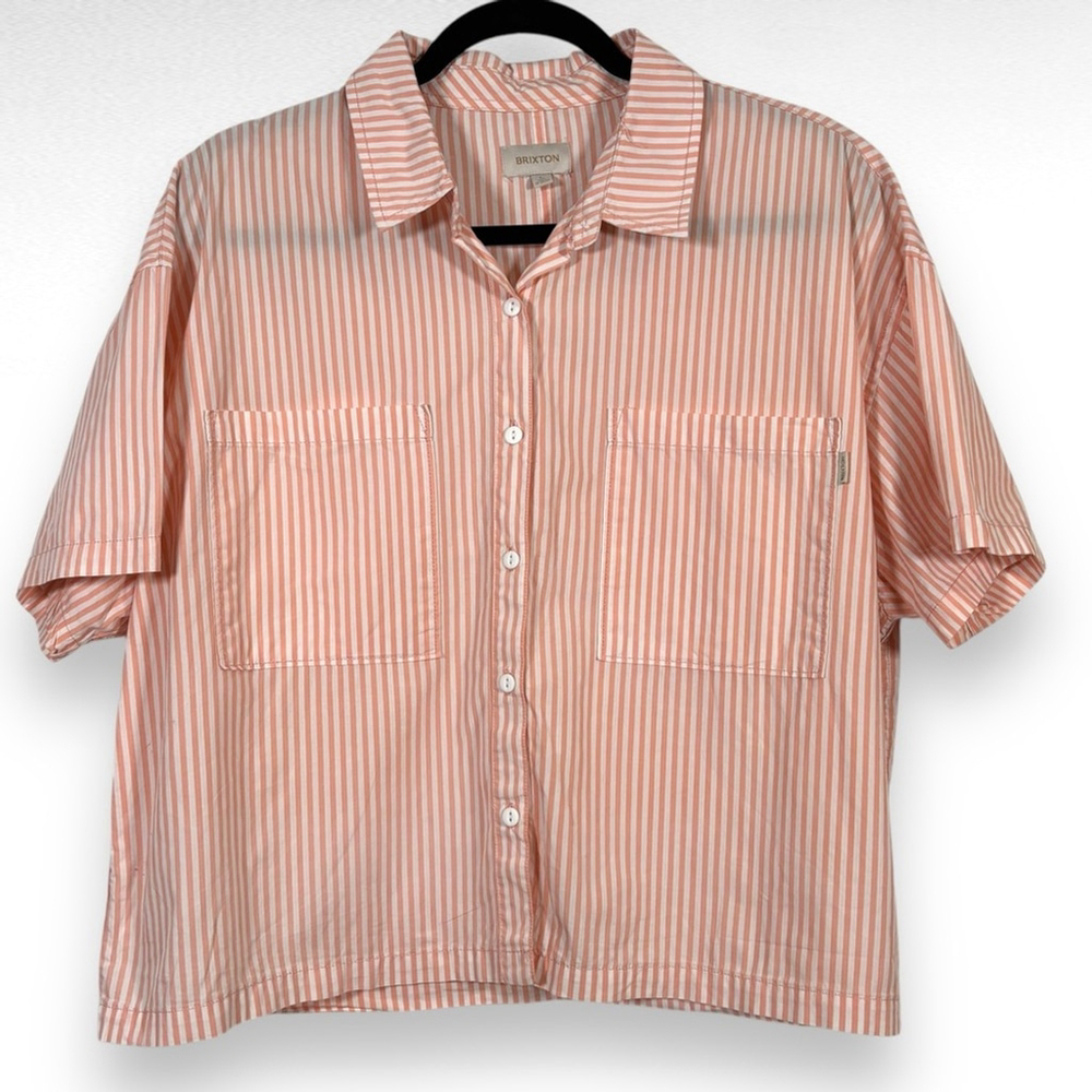 Brixton Striped Button-Up Shirt Blouse White Pink Oversized Boxy Nautical Sz M